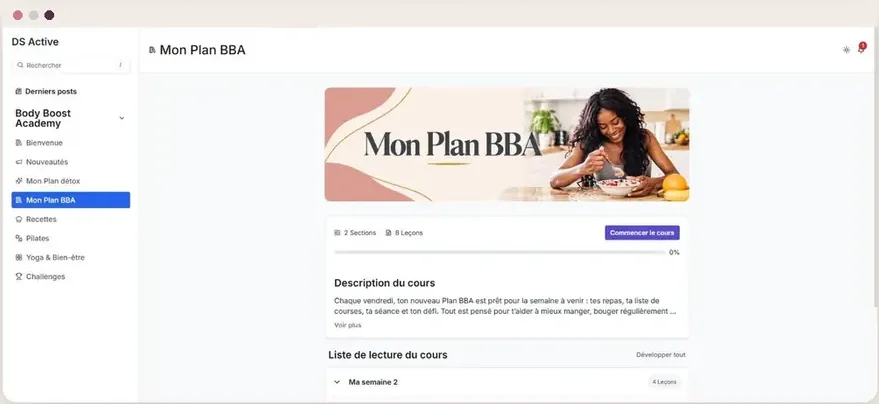Espace membre Body Boost Academy : Mon Plan BBA de la semaine