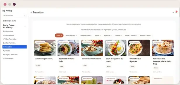 Espace membre Body Boost Academy : 96 recettes classées par envie